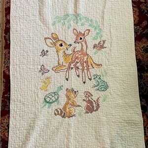 Vintage Quilt Disney Bambi & Friends Crib Coverlet Blanket Handmade Cross Stitch